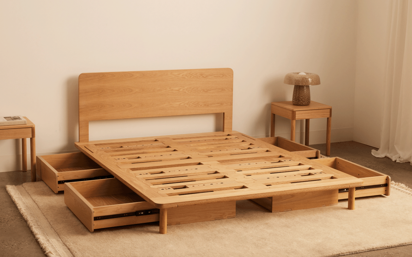 Minimal Japandi Wooden Timber Bed Frame Storage Drawer